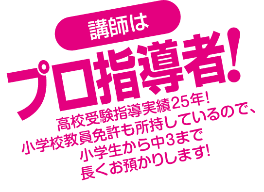 講師はプロ指導者！高校受験指導実績25年！小学校教員免許も所持しているので、小学生から中3まで長くお預かりします！